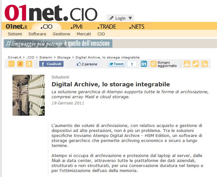 01net: articolo su Atempo Digital Archive