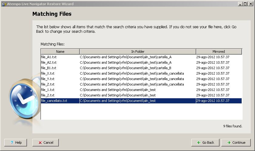 Live Navigator Restore di un file - Matching Files
