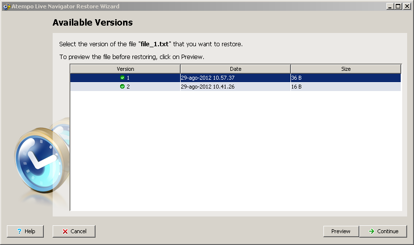 Live Navigator - Restore di una versione precedente di un file - Available Versions
