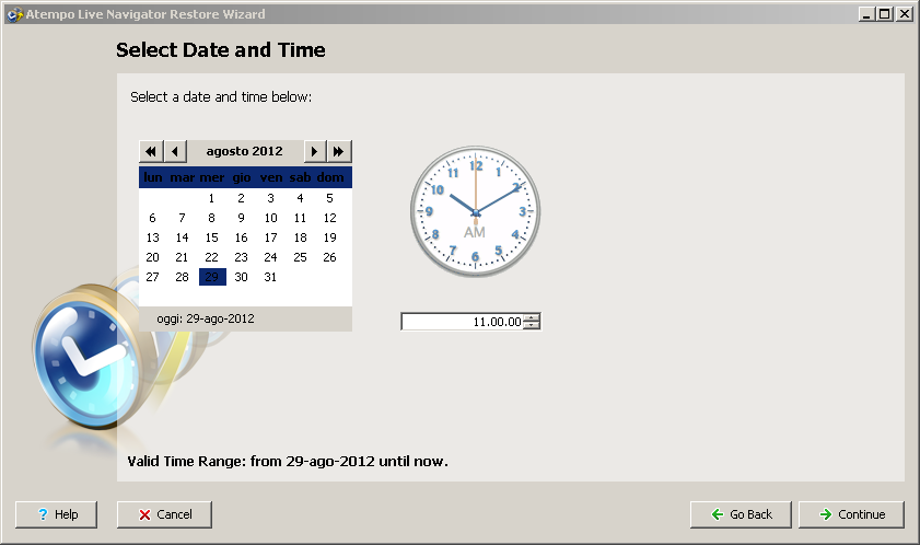 Live Navigator - restore di una versione precedente di una cartella - Select Date and Time