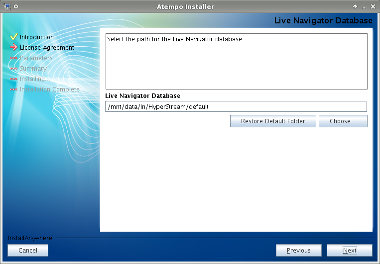 Live Navigator - Il percorso su disco dove verrà  messo il database contenente le configurazioni.